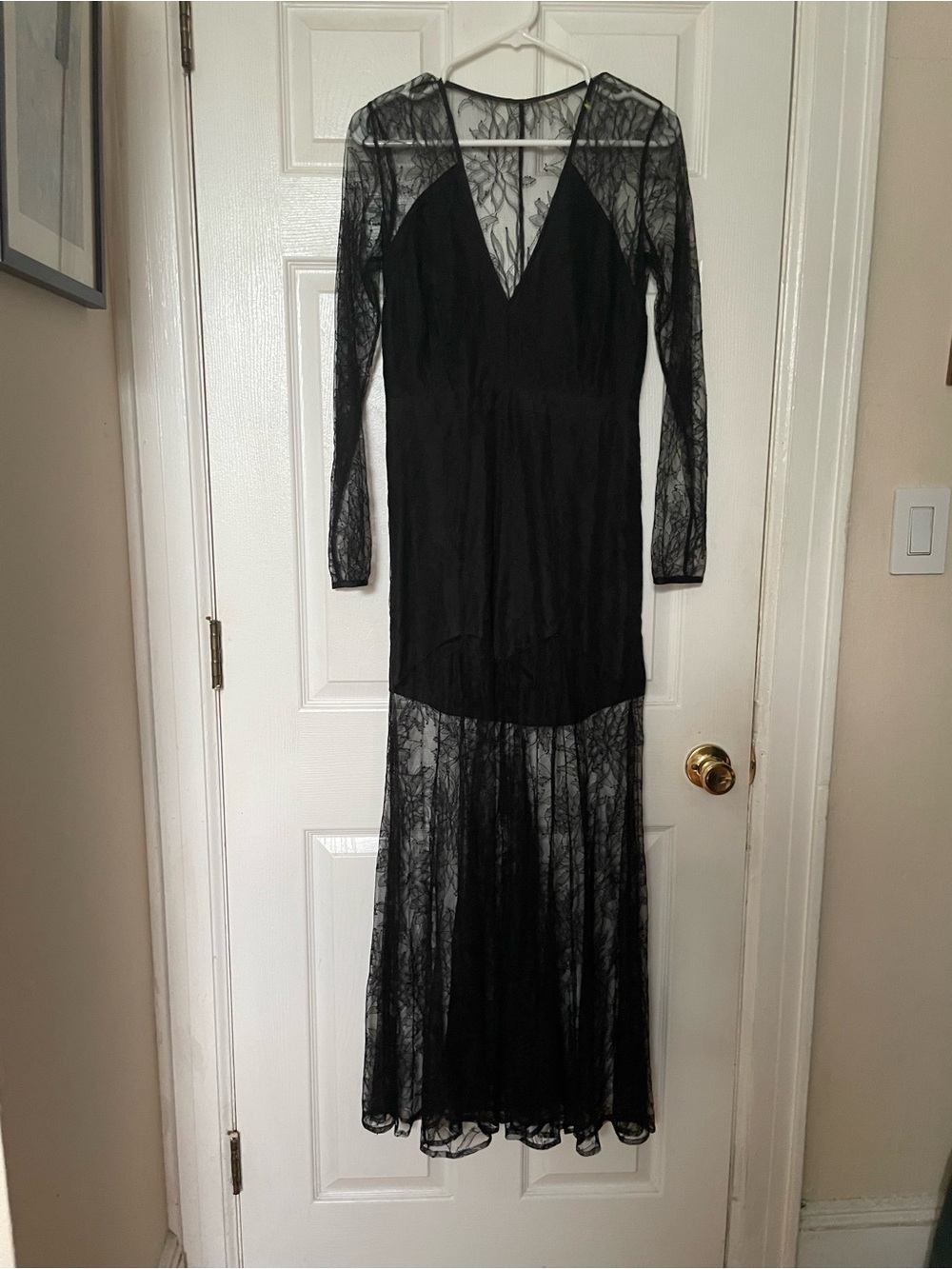 MICHELLE MASON Black Lace Illusion Long Maxi Dress Silk underlay sz 2